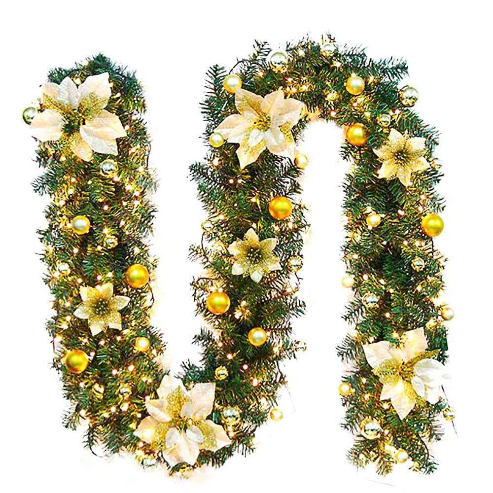 2.7M Christmas Garland with LED Lights Luxury Rattan Wreath Fireplace Stair Decoration